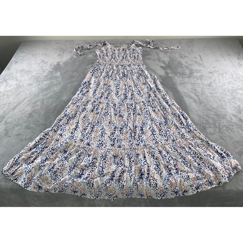 Jessica‎ Simpson Girls Blue Tan Abstract Dot Smocked Tiered Maxi Dress Size M